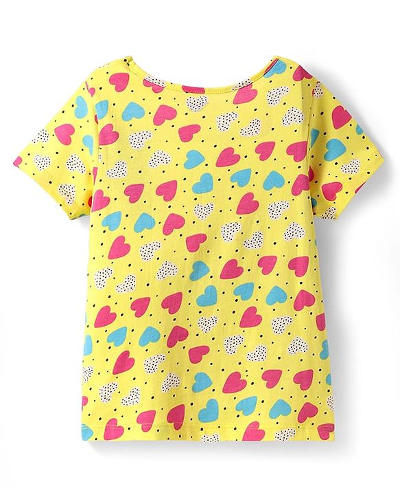Pine Kids Cotton Knit Half Sleeves Co-ords Night Suit with Heart Print - Yellow