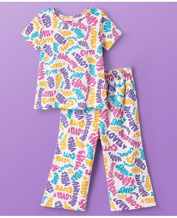 Pine Kids Cotton Knit Half Sleeves Co-ords Capri Night Suit with Text Print - White