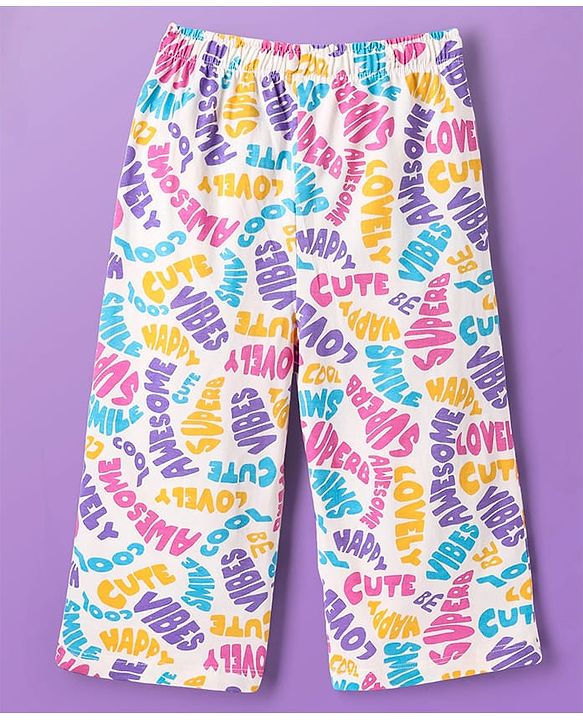 Pine Kids Cotton Knit Half Sleeves Co-ords Capri Night Suit with Text Print - White