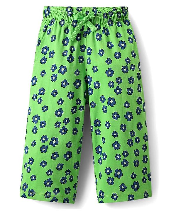 Pine Kids Cotton Knit Half Sleeves Capri Night Suit With Text & Floral Print - Navy Blue & Green