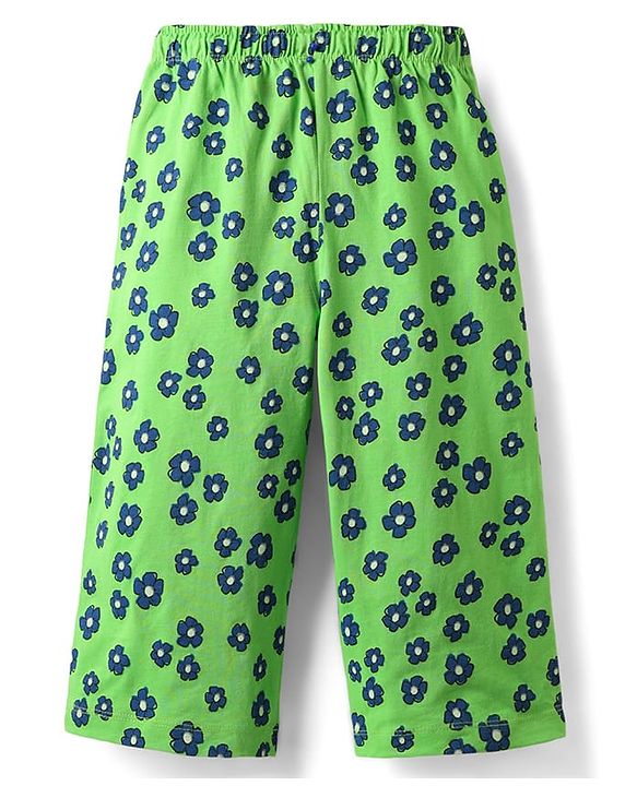 Pine Kids Cotton Knit Half Sleeves Capri Night Suit With Text & Floral Print - Navy Blue & Green