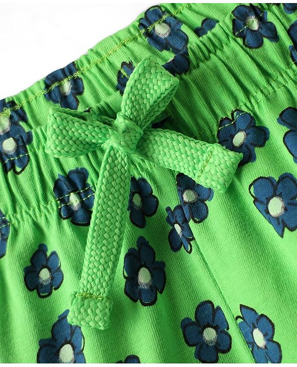 Pine Kids Cotton Knit Half Sleeves Capri Night Suit With Text & Floral Print - Navy Blue & Green