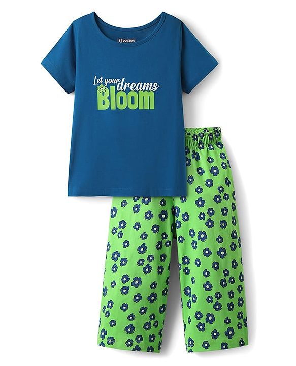 Pine Kids Cotton Knit Half Sleeves Capri Night Suit With Text & Floral Print - Navy Blue & Green
