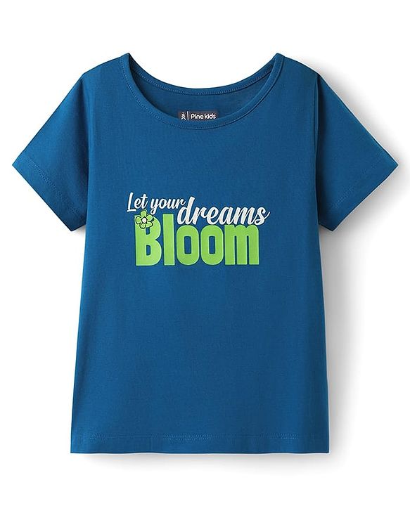 Pine Kids Cotton Knit Half Sleeves Capri Night Suit With Text & Floral Print - Navy Blue & Green