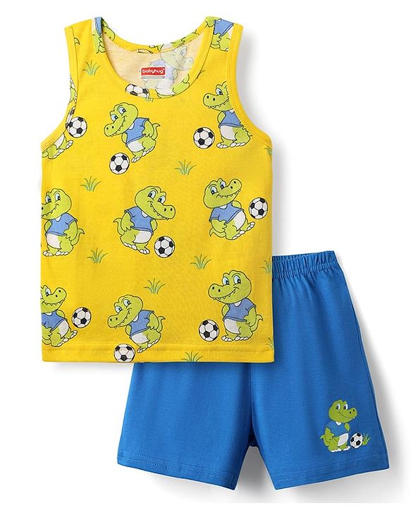 Babyhug 100% Cotton Single Jersey Knit Sleeveless Sando & Shorts Set with Dino Print - Yellow & Blue