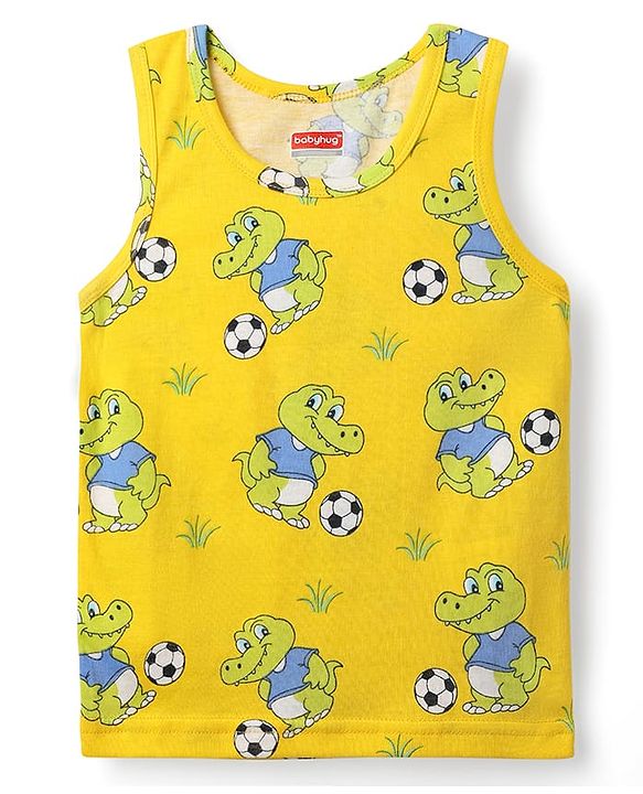 Babyhug 100% Cotton Single Jersey Knit Sleeveless Sando & Shorts Set with Dino Print - Yellow & Blue