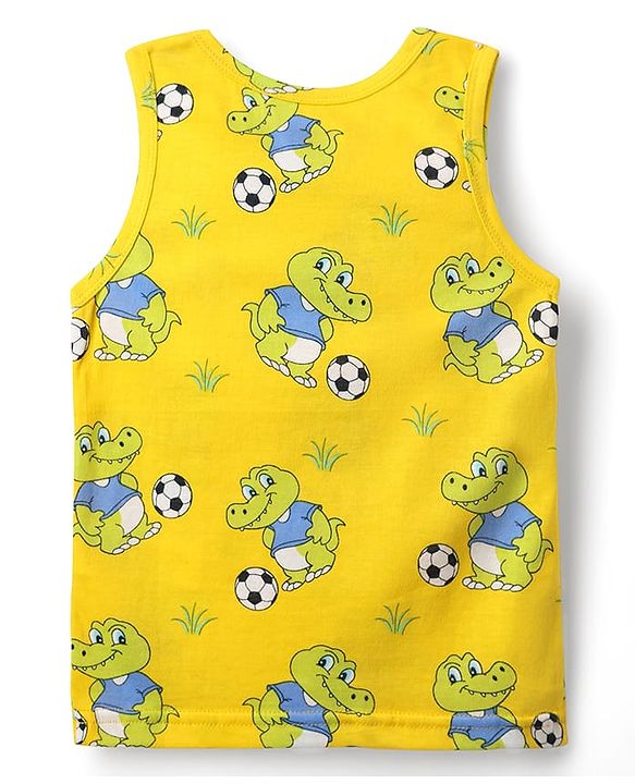Babyhug 100% Cotton Single Jersey Knit Sleeveless Sando & Shorts Set with Dino Print - Yellow & Blue