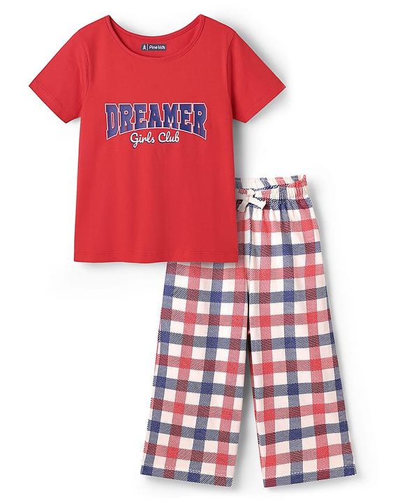 Pine Kids Cotton Knit Half Sleeves Capri Night Suit With Text Print - Red