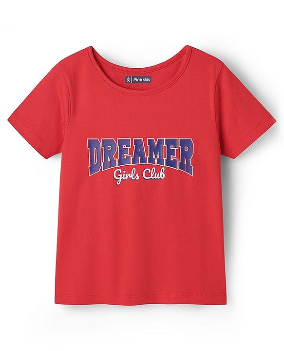 Pine Kids Cotton Knit Half Sleeves Capri Night Suit With Text Print - Red