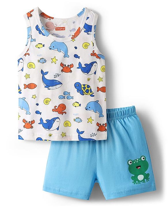 Babyhug 100% Cotton Single Jersey Knit Sleeveless Sando & Shorts Set With Sea Theme Print - White & Light Blue