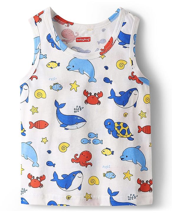 Babyhug 100% Cotton Single Jersey Knit Sleeveless Sando & Shorts Set With Sea Theme Print - White & Light Blue