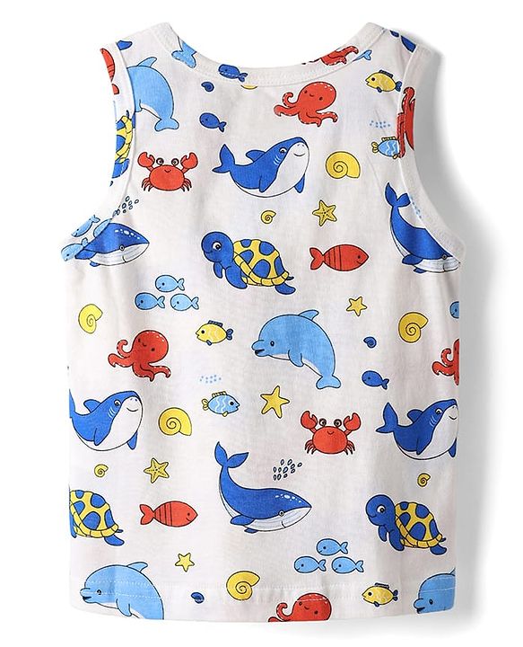Babyhug 100% Cotton Single Jersey Knit Sleeveless Sando & Shorts Set With Sea Theme Print - White & Light Blue