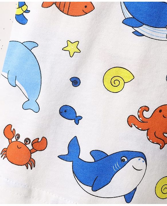 Babyhug 100% Cotton Single Jersey Knit Sleeveless Sando & Shorts Set With Sea Theme Print - White & Light Blue