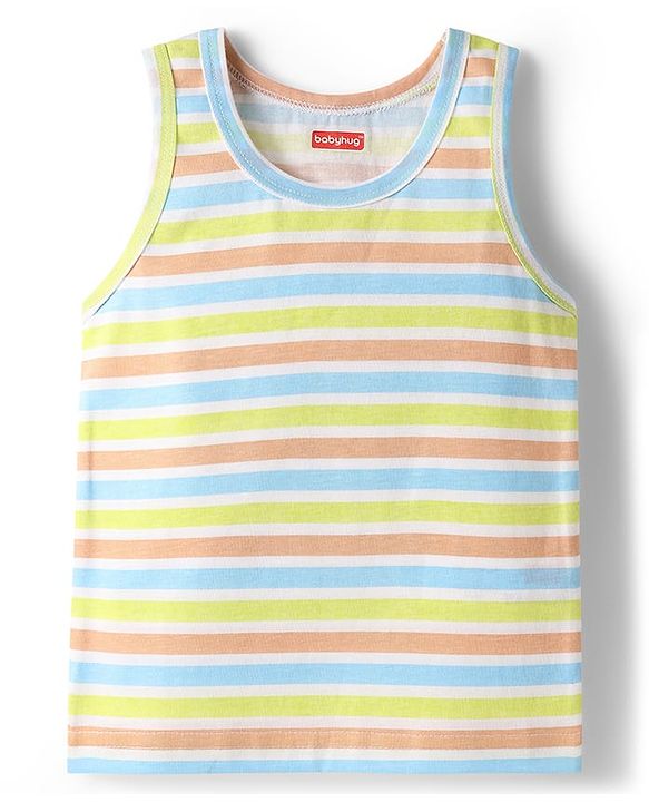 Babyhug 100% Cotton Single Jersey Knit Sleeveless Sando & Shorts Set With Stripes - Light Green
