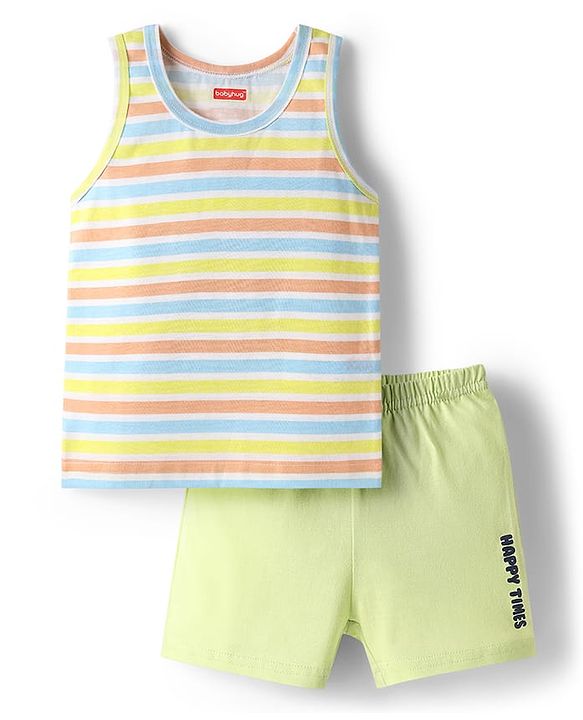 Babyhug 100% Cotton Single Jersey Knit Sleeveless Sando & Shorts Set With Stripes - Light Green