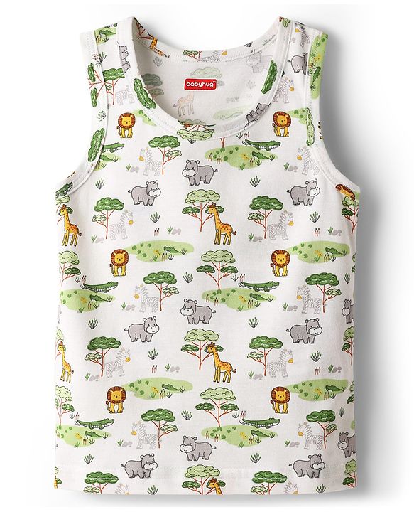 Babyhug 100% Cotton Single Jersey Knit Sleeveless Sando & Shorts Set With Animal Print - White & Light Green