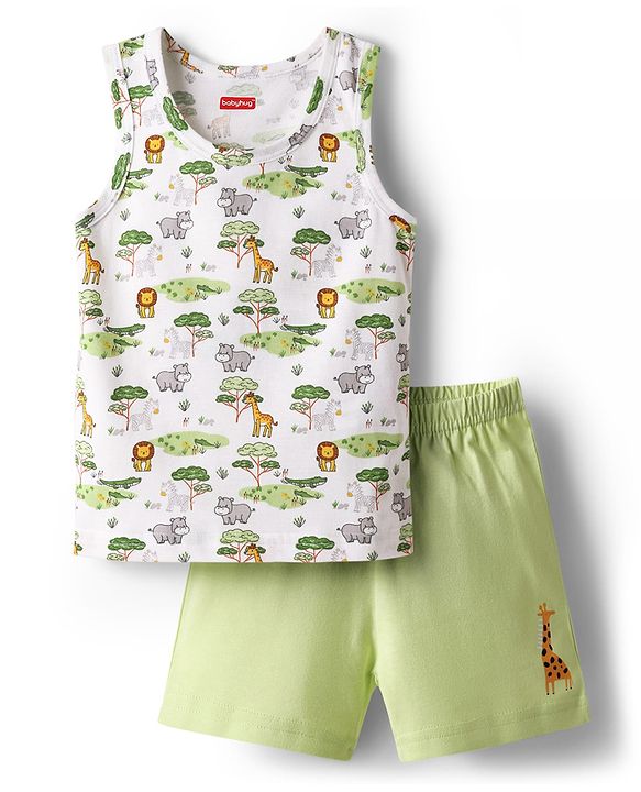 Babyhug 100% Cotton Single Jersey Knit Sleeveless Sando & Shorts Set With Animal Print - White & Light Green