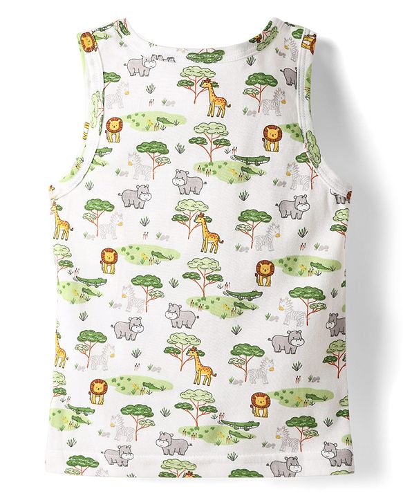 Babyhug 100% Cotton Single Jersey Knit Sleeveless Sando & Shorts Set With Animal Print - White & Light Green