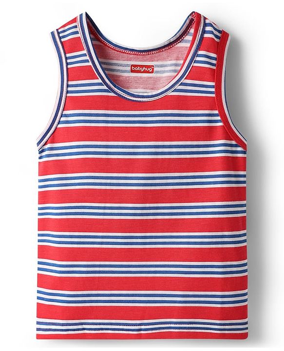 Babyhug 100% Cotton Single Jersey Knit Sleeveless Sando & Shorts Set With Stripes - Red & Navy Blue