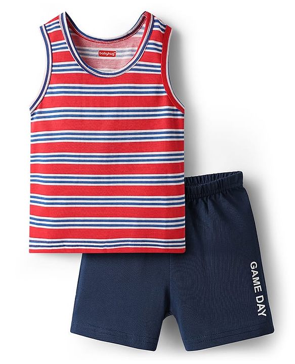 Babyhug 100% Cotton Single Jersey Knit Sleeveless Sando & Shorts Set With Stripes - Red & Navy Blue
