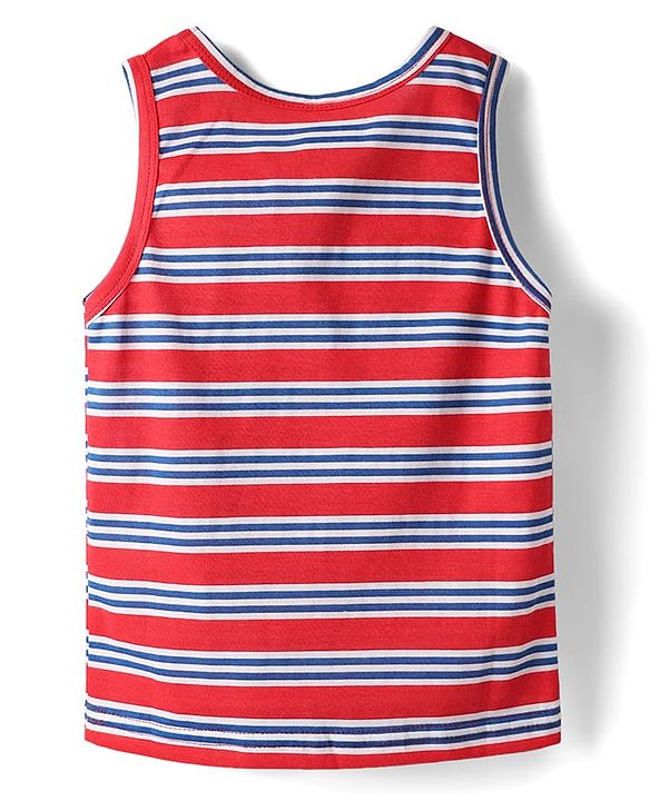 Babyhug 100% Cotton Single Jersey Knit Sleeveless Sando & Shorts Set With Stripes - Red & Navy Blue
