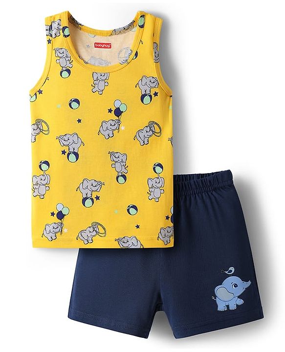 Babyhug 100% Cotton Single Jersey Knit Sando & Shorts Set With Elephant Print - Yellow & Navy Blue