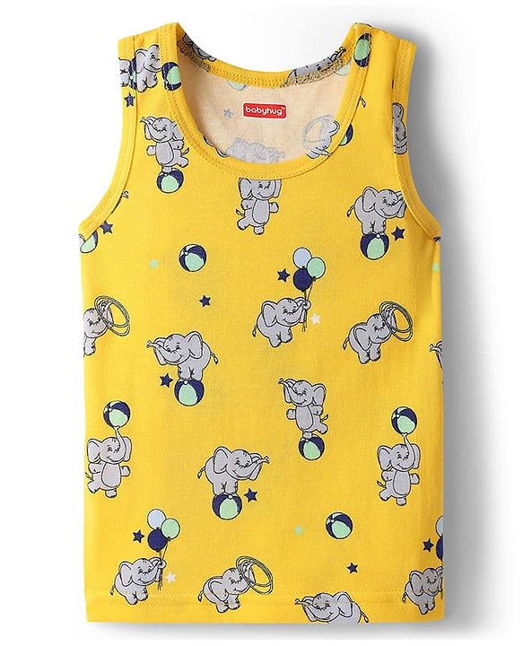 Babyhug 100% Cotton Single Jersey Knit Sando & Shorts Set With Elephant Print - Yellow & Navy Blue