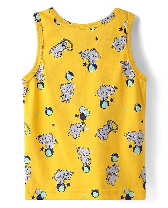 Babyhug 100% Cotton Single Jersey Knit Sando & Shorts Set With Elephant Print - Yellow & Navy Blue