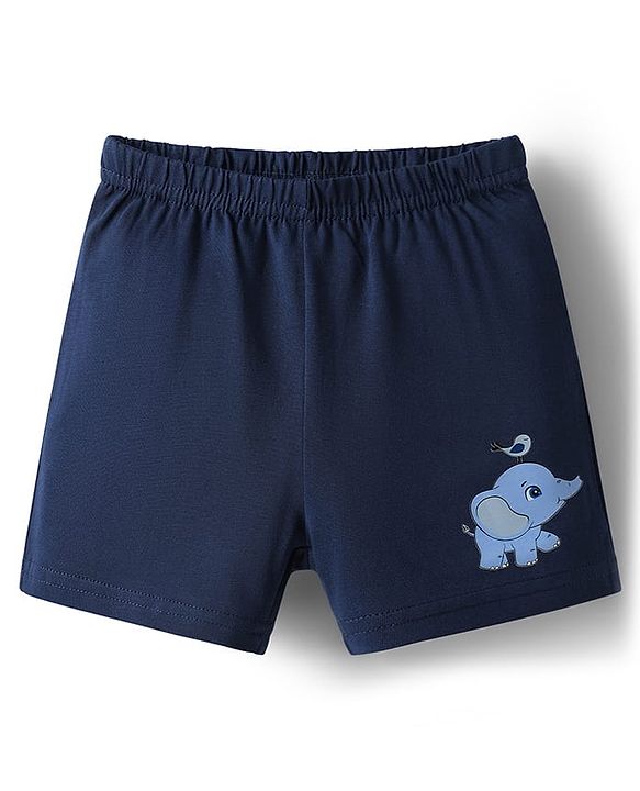 Babyhug 100% Cotton Single Jersey Knit Sando & Shorts Set With Elephant Print - Yellow & Navy Blue