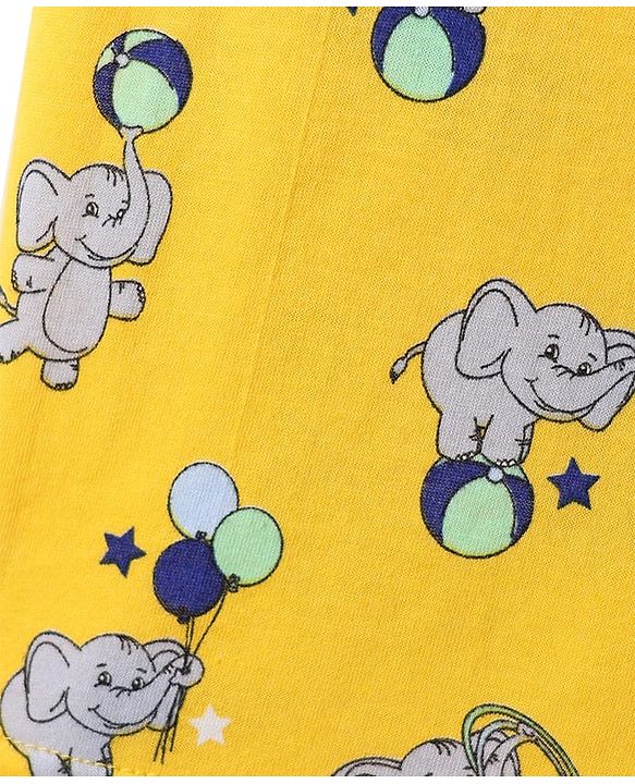 Babyhug 100% Cotton Single Jersey Knit Sando & Shorts Set With Elephant Print - Yellow & Navy Blue