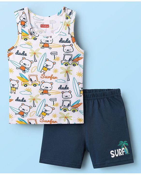 Babyhug 100% Cotton Single Jersey Knit Sleeveless Sando & Shorts Set With Beach Theme Print - White & Navy Blue