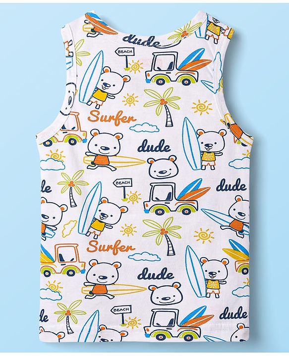 Babyhug 100% Cotton Single Jersey Knit Sleeveless Sando & Shorts Set With Beach Theme Print - White & Navy Blue