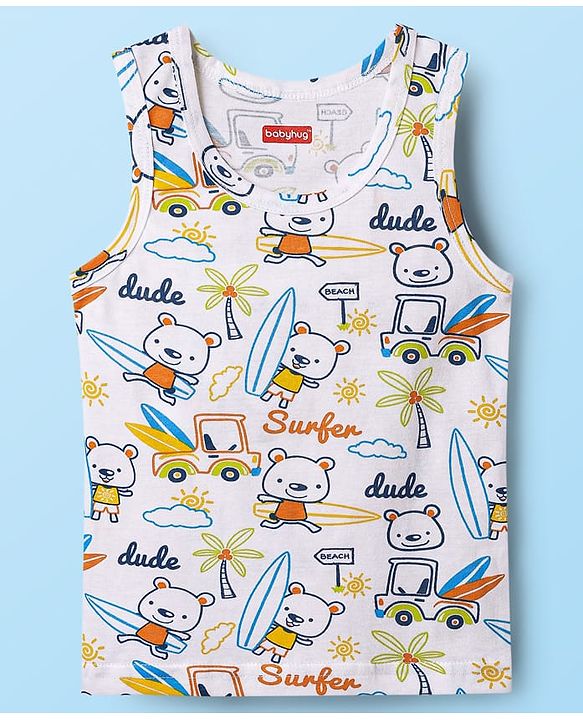 Babyhug 100% Cotton Single Jersey Knit Sleeveless Sando & Shorts Set With Beach Theme Print - White & Navy Blue