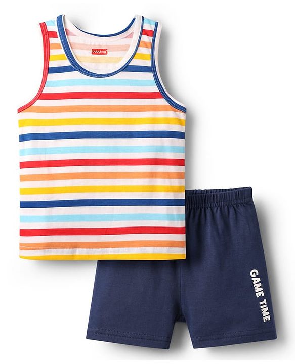 Babyhug 100% Cotton Single Jersey Knit Sleeveless Sando & Shorts Set With Stripes - Yellow & Navy Blue