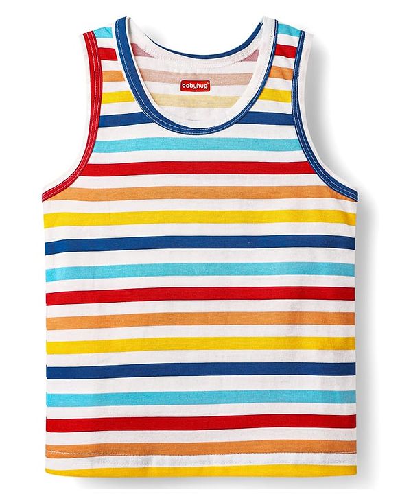 Babyhug 100% Cotton Single Jersey Knit Sleeveless Sando & Shorts Set With Stripes - Yellow & Navy Blue