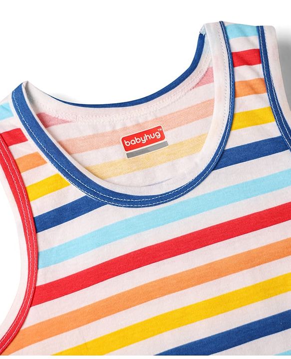 Babyhug 100% Cotton Single Jersey Knit Sleeveless Sando & Shorts Set With Stripes - Yellow & Navy Blue
