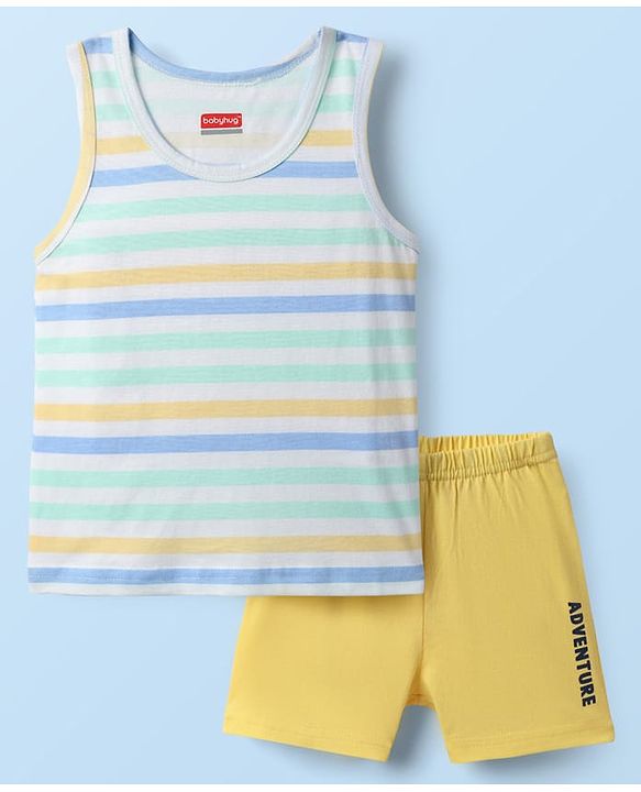 Babyhug 100% Cotton Single Jersey Knit Sleeveless Sando & Shorts Set - White & Yellow