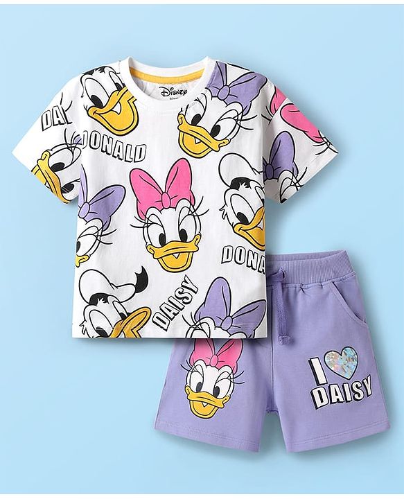 Babyhug Disney Single Jersey Knit Half Sleeves Oversized Drop Shoulder Half Sleeves T-Shirt & Shorts With Daisy Duck Graphic - Purple