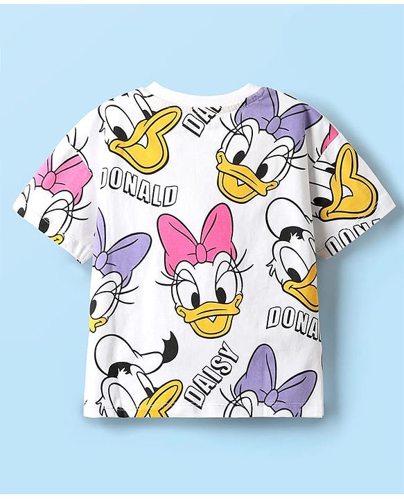 Babyhug Disney Single Jersey Knit Half Sleeves Oversized Drop Shoulder Half Sleeves T-Shirt & Shorts With Daisy Duck Graphic - Purple