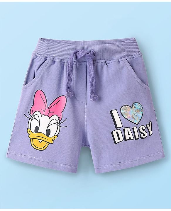 Babyhug Disney Single Jersey Knit Half Sleeves Oversized Drop Shoulder Half Sleeves T-Shirt & Shorts With Daisy Duck Graphic - Purple