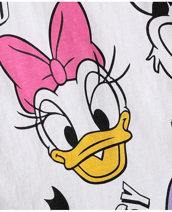 Babyhug Disney Single Jersey Knit Half Sleeves Oversized Drop Shoulder Half Sleeves T-Shirt & Shorts With Daisy Duck Graphic - Purple