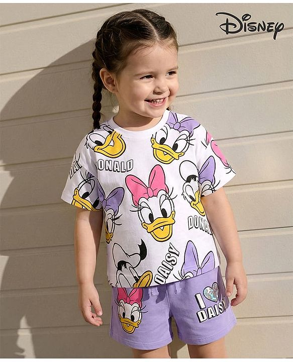 Babyhug Disney Single Jersey Knit Half Sleeves Oversize Drop Shoulder Half Sleeves T-Shirt & Shorts With Daisy Duck Graphic - Purple