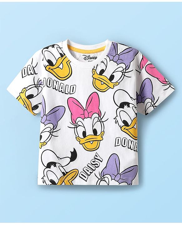 Babyhug Disney Single Jersey Knit Half Sleeves Oversize Drop Shoulder Half Sleeves T-Shirt & Shorts With Daisy Duck Graphic - Purple