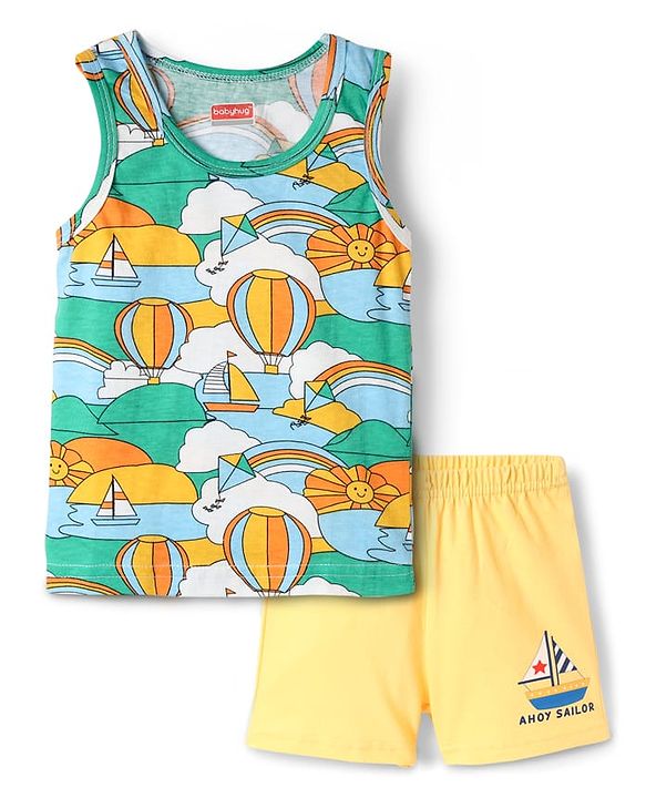 Babyhug 100% Cotton Single Jersey Knit Sando & Shorts Set With Boat Print - Yellow & Green