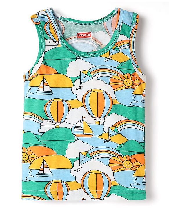 Babyhug 100% Cotton Single Jersey Knit Sando & Shorts Set With Boat Print - Yellow & Green