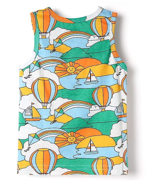 Babyhug 100% Cotton Single Jersey Knit Sando & Shorts Set With Boat Print - Yellow & Green