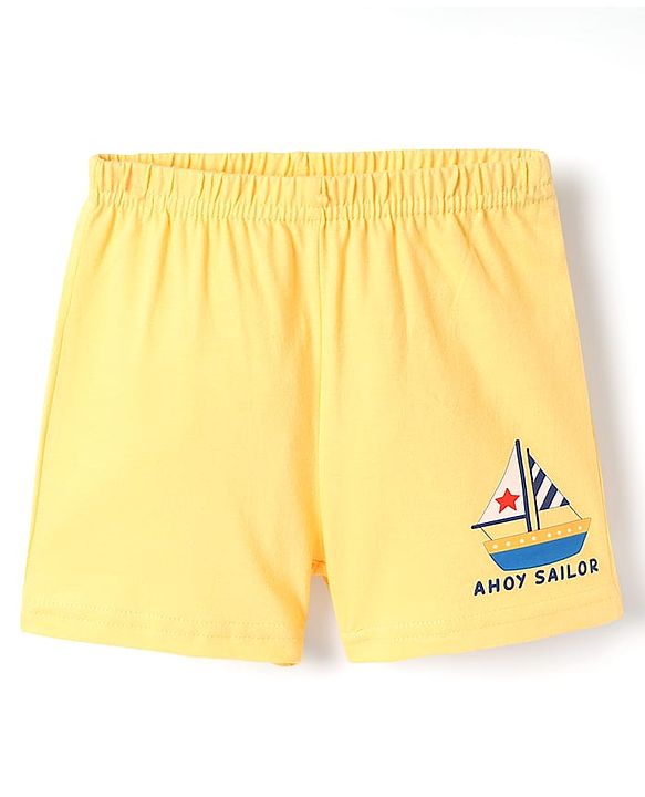 Babyhug 100% Cotton Single Jersey Knit Sando & Shorts Set With Boat Print - Yellow & Green