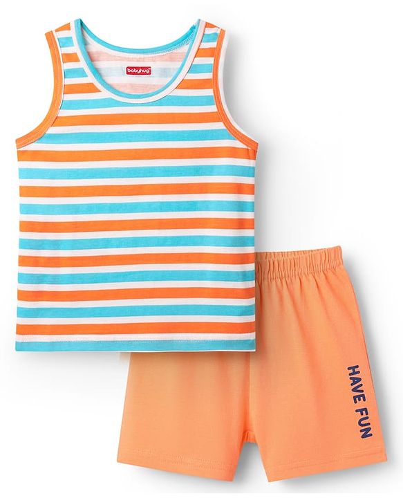 Babyhug 100% Cotton Single Jersey Knit Sleeveless Sando & Shorts Set With Stripes - Orange & Light Blue