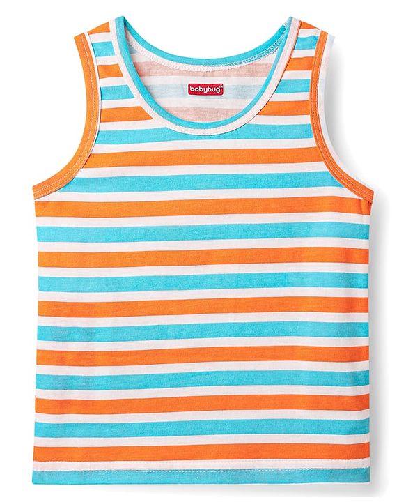 Babyhug 100% Cotton Single Jersey Knit Sleeveless Sando & Shorts Set With Stripes - Orange & Light Blue