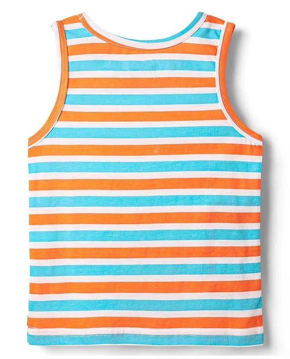 Babyhug 100% Cotton Single Jersey Knit Sleeveless Sando & Shorts Set With Stripes - Orange & Light Blue